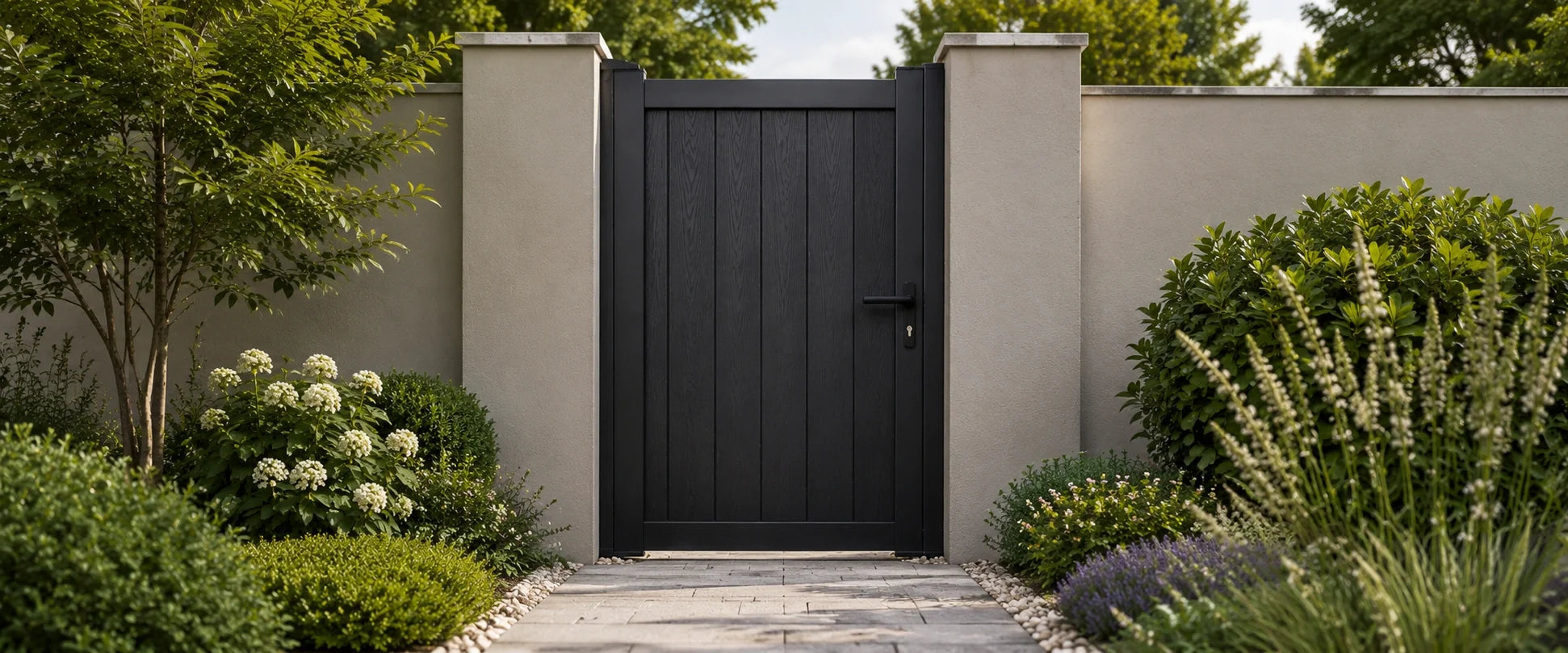 Composite garden gate with aluminium frame and solid composite infill panels in modern grey finish.