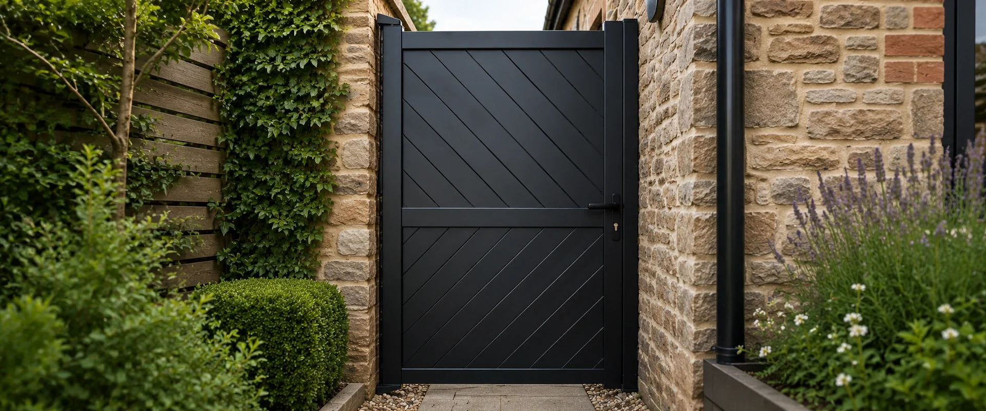 Modern aluminium garden gate with vertical slats, powder-coated finish, and side entrance design.