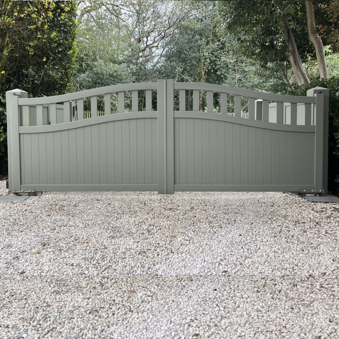 Bell-Curved Vertical Infill Partial-Privacy Driveway Gates